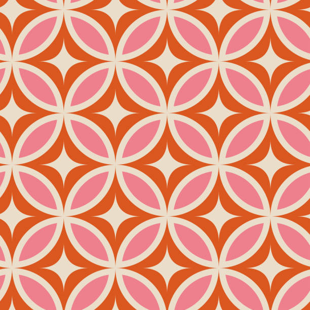 Mid century modern starbursts on pink and orange circle leaves seamless pattern. Mid century modern starbursts on pink and orange circle leaves seamless pattern. For home décor, retro backgrounds and wallpaper illusion pattern circle image created 1960s stock illustrations