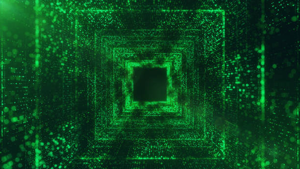 istock Digital tunnel of cyberspace glitter particles lighting green background 1441641206