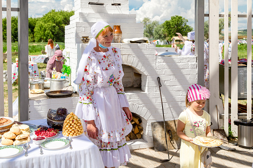 Kazan, Republic of Tatarstan, Russia - July 3, 2021: Sabantuy, the people's Tatar fieldwork holiday. High quality photo