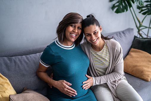 Portrait of a pregnant lesbian couple at home