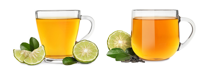 Glass cups of bergamot tea and fresh fruits on white background, collage. Banner design
