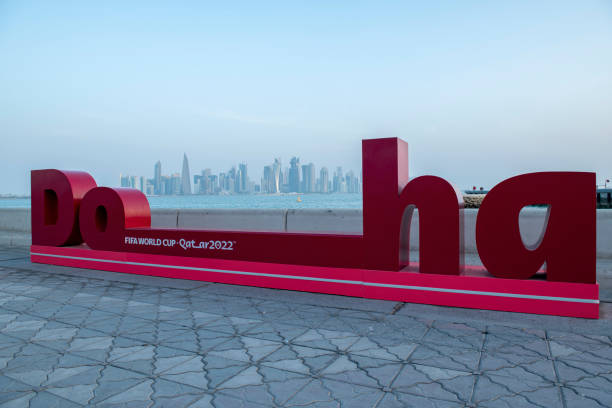 doha corniche qatar skyline. - soccer fifa world cup soccer ball ball foto e immagini stock