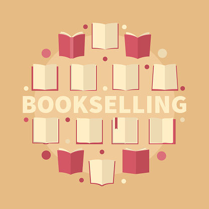 Bookselling circular flat vector illustration - creative sign made with book icons and word BOOKSELLING