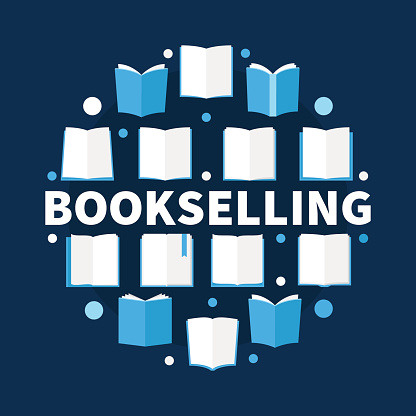 Bookselling round flat vector illustration - creative sign made with book icons and word BOOKSELLING