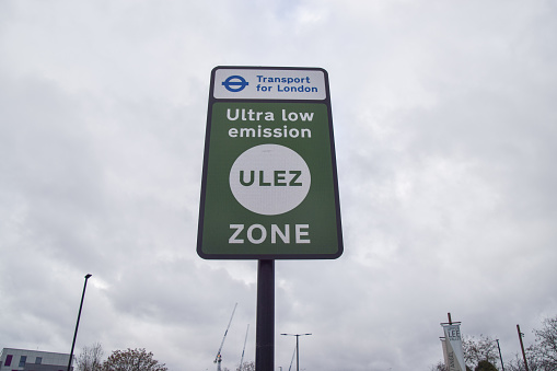 London, UK - December 13 2021: Ultra Low Emission Zone (ULEZ) sign in central London.
