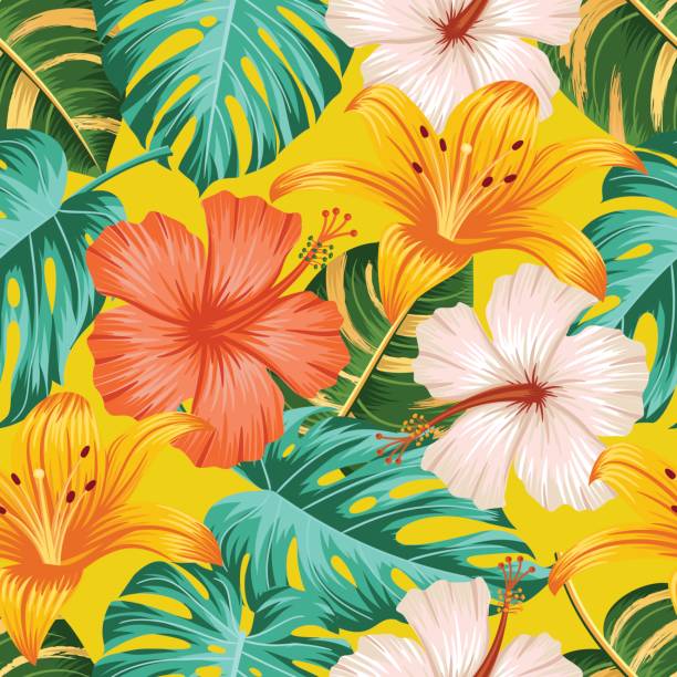 ilustrações, clipart, desenhos animados e ícones de padrão floral sem emenda com folhas. fundo tropical - tropical blossom