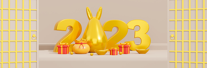 Chinese New Year of 2023 year, Template for advertising, web, social of golden rabbit statue and gift box with lucky bag on beige background. 3d rendering