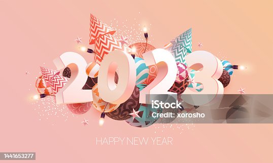 istock New year 2023. 3D white numbers with color christmas decoration. 1441653277