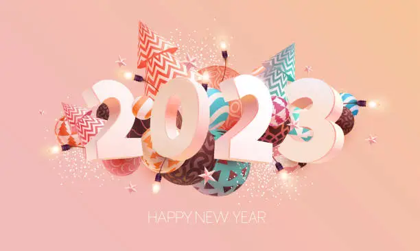 Vector illustration of New year 2023. 3D white numbers with color christmas decoration.