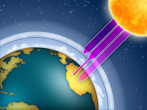 Atmospheric ozone filtering the sun ultraviolet rays. Digital illustration, 3D render..