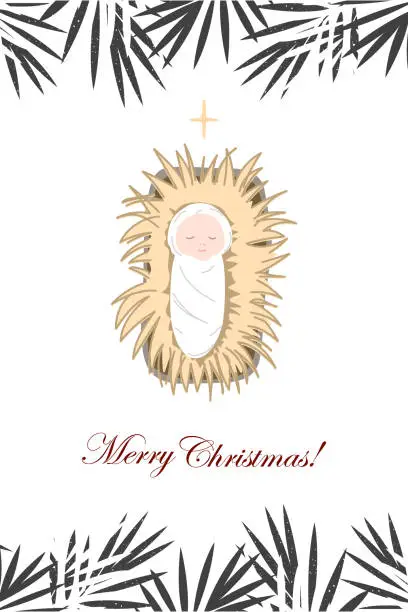 Vector illustration of Baby Jesus lying on the hay in a manger under the palm leaves shadow. Stylish merry Christmas card design. Cartoon isolated vector illustration