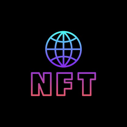 NFT World linear vector concept colorful icon. Non-Fungible Token modern sign on dark background