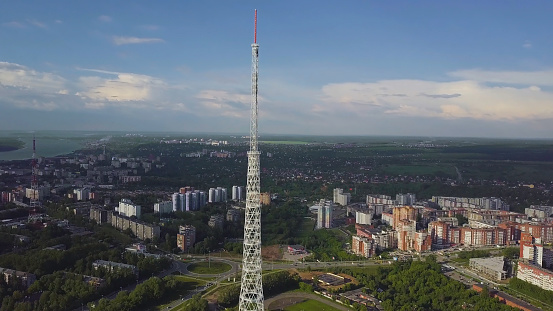 Aerial of the TV Tower at autumn. Top view of the TV tower in the city.