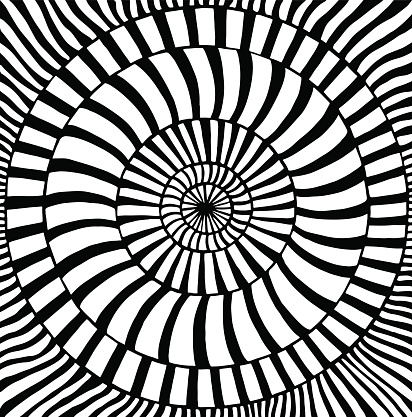 Black and white hipnotic optical illusion abstract pattern with many circles and stripes line background. Decorative coloring page for kids and adult. Vector hand drawn monochrome illustration.