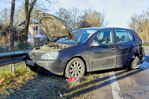 October 9, 2020, Ikskile, Latvia: car after accident on a road because of frontal collision, transportation background