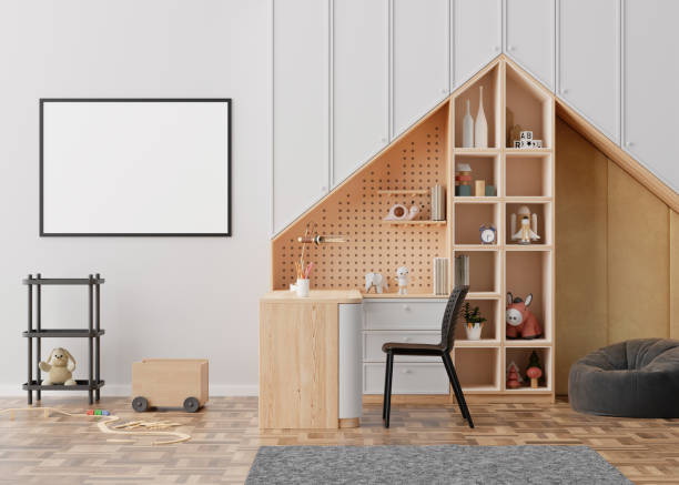 istock Empty horizontal picture frame on gray wall in modern child room. Mock up interior in contemporary, scandinavian style. Free, copy space for picture. Desk, toys. Cozy room for kids. 3D rendering. 1441657858