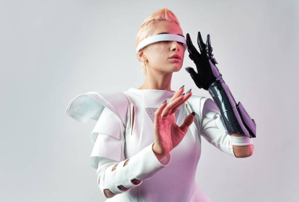 Representation of a bionic super human with advanced technology parts as vr visors and gadgets playing in a mixed reality training room. Futuristic cyberpunk evolution of human mankind and AI