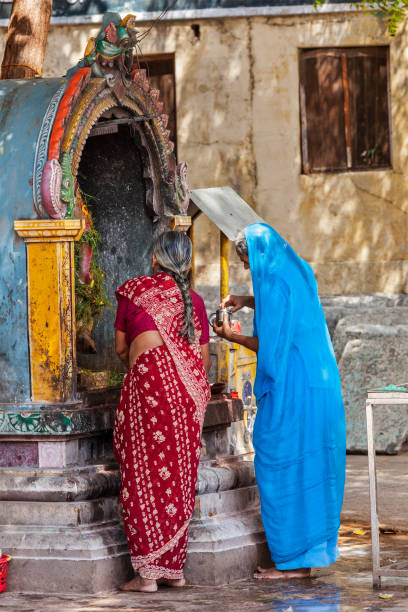 Unidentified Indian women worship Hindu god Ganesh in famous Meenakshi Amman Temple - historic Hindu temple located in temple city Madurai Madurai, India - February 16, 2013: Unidentified Indian women worship Hindu god Ganesh in famous Meenakshi Amman Temple - historic Hindu temple located in temple city Madurai menakshi stock pictures, royalty-free photos & images