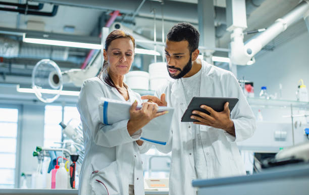 científicos que trabajan en el laboratorio - experimento científico fotografías e imágenes de stock