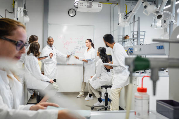 Scientists having a meeting stock photo