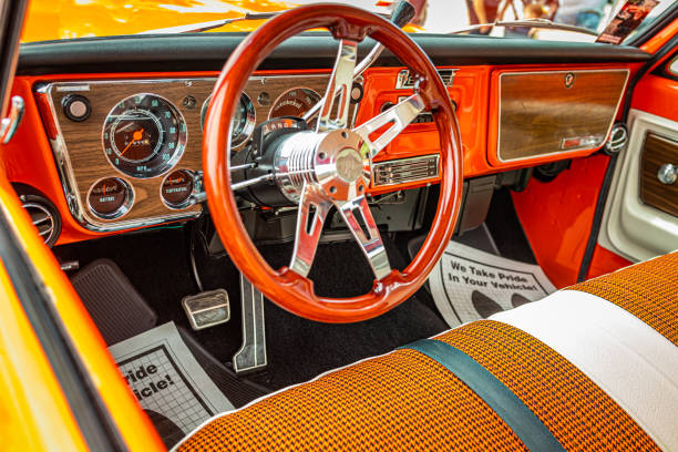 Des Moines, IA - July 02, 2022: High perspective interior view of a 1971 Chevrolet Cheyenne C10 Pickup Truck at a local car show.