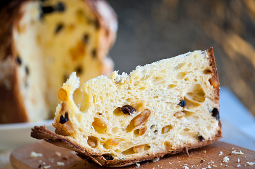 Close up of slice of panettone (Italian Christmas Cake) bread