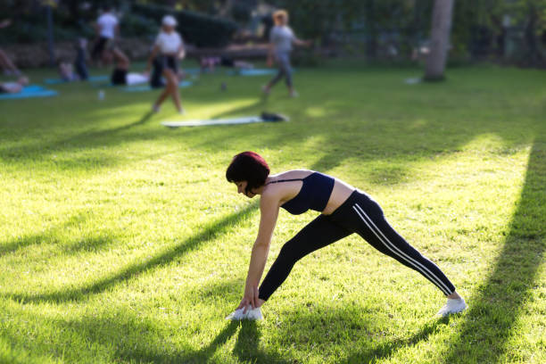istock Gymnastics in nature with a group. Group sports training at dawn 1441665364