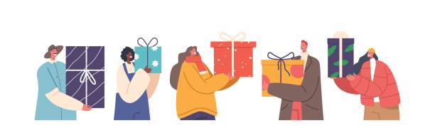 illustrazioni stock, clip art, cartoni animati e icone di tendenza di persone felici che tengono scatole regalo per natale, capodanno, compleanno o boxing day celebrazione illustrazione vettoriale del fumetto - gift box