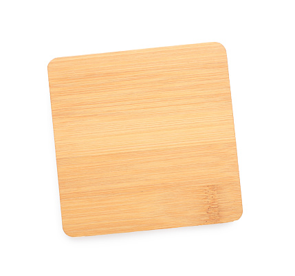 Stylish wooden cup coaster isolated on white, top view