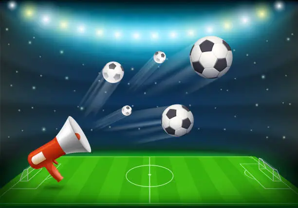 Vector illustration of Soccer balls fly out of a megaphone.