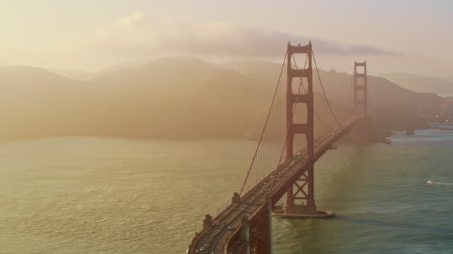 AERIAL Golden Gate Bridge, San Francisco, California at sunset
