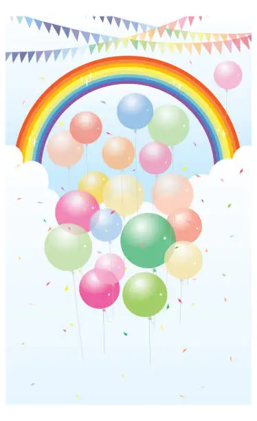 Vector illustration of colorful balloons under the rainbow
