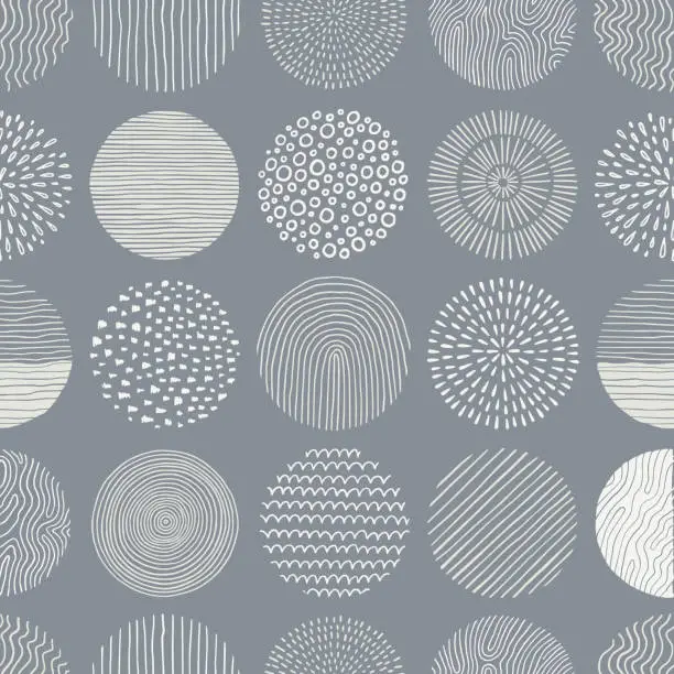 Vector illustration of Hand drawn black, white circle seamless pattern. Doodle style abstracrt textured scribble, stripped, dot circle element pattern. Monochrome background