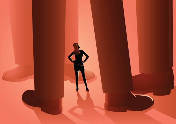 Business woman surrounded by giant men feet Business woman surrounded by giant men feet, sexism in business, gender issues, men’s world, vector illustration giants stock illustrations