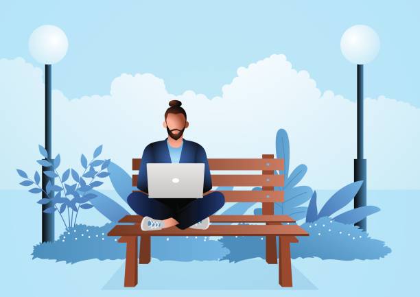Young man sitting on wooden bench in the park while working with laptop vector art illustration