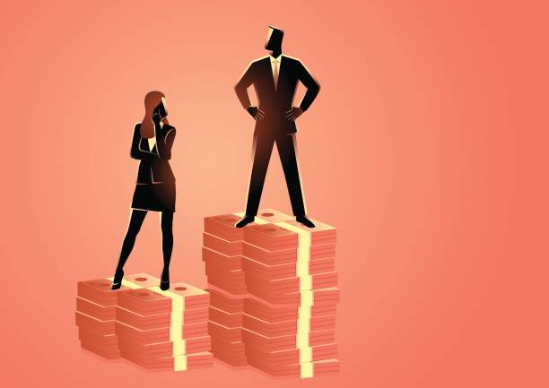 Businessman standing on higher stack of money than businesswoman vector art illustration