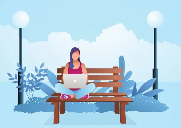 Vector illustration of Young woman sitting on wooden bench in the park while working with laptop