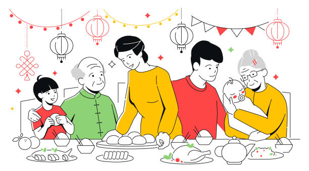 Family celebrating Chinese New Year - modern line design style illustration Family celebrating Chinese New Year - modern line design style illustration. Parents, grandparents and children at the festive table eating dinner. Traditional decorations, lanterns, flags, knots new years baby stock illustrations