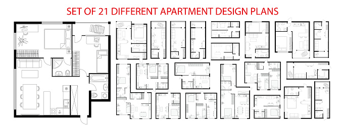 Plan floor apartments set. Studio, condominium, flat, house. One, two bedroom apartment. Interior design elements kitchen, bedroom, bathroom with symbols furniture. Vector architecture 2D floor plan.