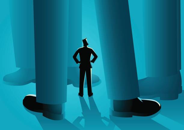 Business man surrounded by giant men feet Business man surrounded by giant men feet, intimidation, persecution, bullying concept, vector illustration large stock illustrations