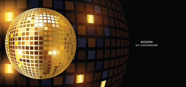 Luxurious abstract disco light ball with golden boxes, vector illustration