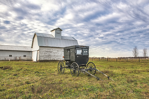 An Amish buggy sits alone in a farm field with a sign in the window with the buggy's price. A white farm building sits behind it. The day is cloudy.