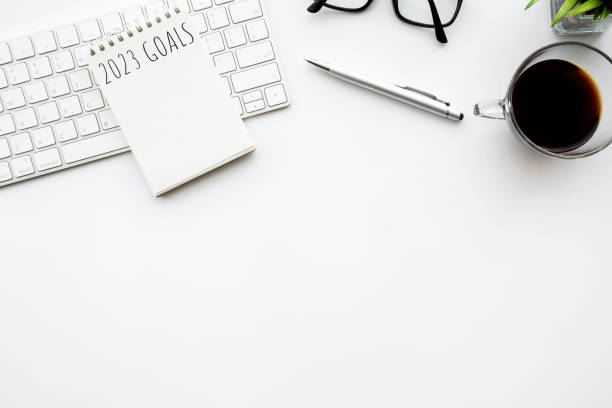 istock Notebook with 2023 goals text on it to apply new year resolutions and plan. 1441683859