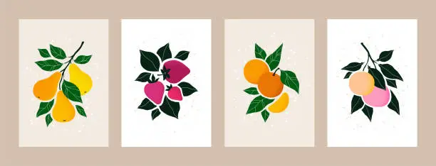 Vector illustration of Abstract food set. Modern peach and orange graphic, vintage hand drawn pear and strawberry, autumn harvest print. Minimalist tropical plants. Wall art modern. Vector illustration background
