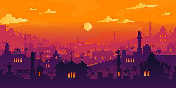 Arabian cityscape. Sunset town scenery. Mosque towers and house silhouettes. Night city buildings. Old Makkah. Sundown mountains. Arab evening Morocco. Scenic orange sky. Vector urban panorama card