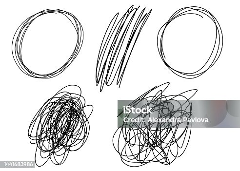 istock Chaotically tangled lines set. Unravels chaos and mess difficult situation. Psychotherapy concept of solving problems is easy. One continuous line drawing. Hand drawn vector illustrations isolated 1441683986