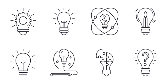 Light bulb icons. Editable stroke. Vector set of graphics elements. Technology idea inspiration symbol. Solution concept. Stock illustration isolated on white background.