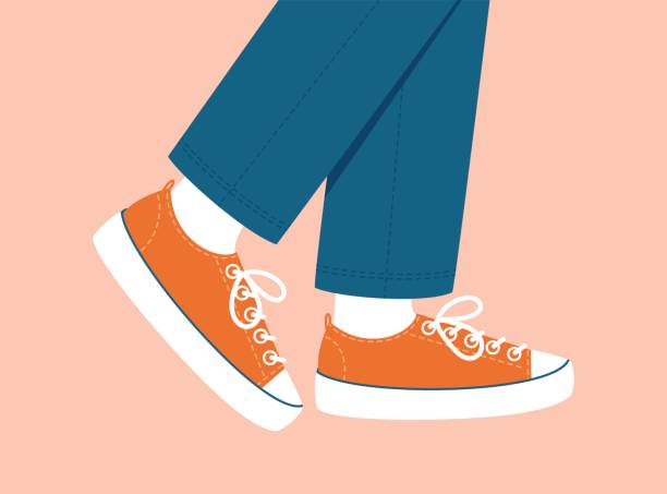 illustrations, cliparts, dessins animés et icônes de paire de chaussures de sport à la mode. jambes masculines féminines en baskets. chaussures en toile bottes de marche. vêtements et chaussures décontractés et confortables. illustration vectorielle de stock plat sur fond coloré - power walking