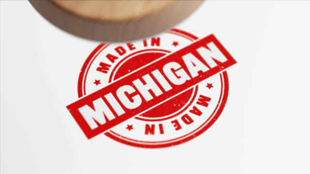 Made In Michigan Stamp Animation Over White Background In 4K Resolution