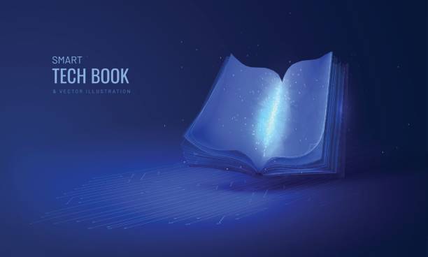 istock Digital book for learning in digital futuristic style. A hologram of a book with a luminous effect on the background of the circuit board. Neon vector illustration for landing page 1441685671